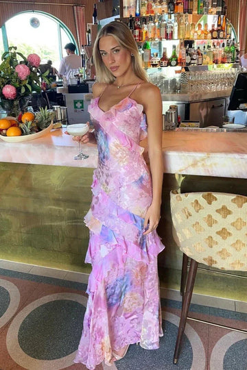Cindy Büyüleyici Fırfırlı Uzun Elbise